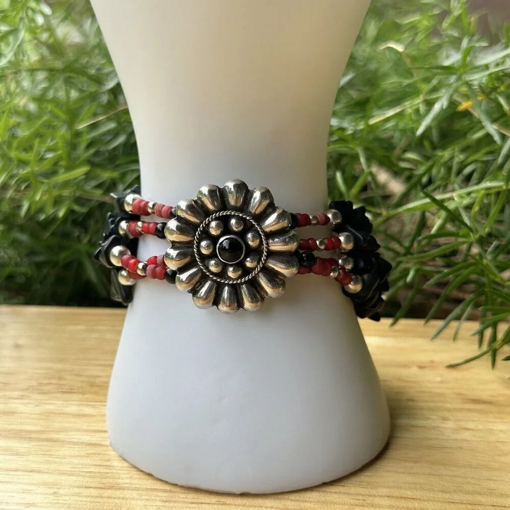 VTG‎ Flower Sterling Silver Bracelet Buffalo Nickel Clasp Black Onyx Red Beads